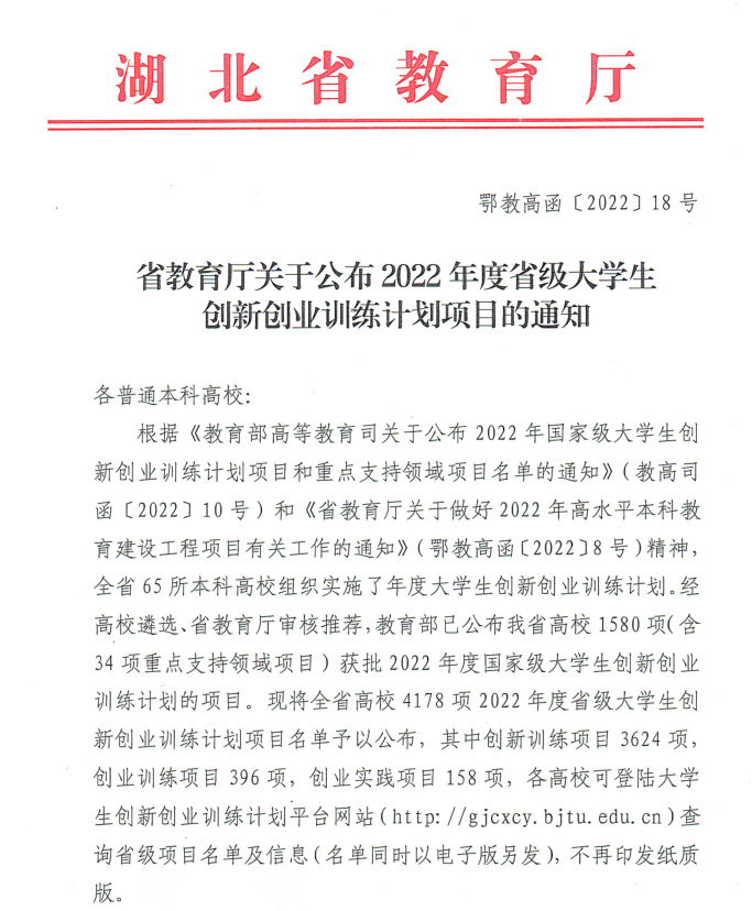 省教育厅公布2022年大学生创新创业训练计划项目通知(图1) 省教育厅公布2022年大学生创新创业训练计划项目通知(图1)